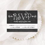 Rustisch script Chalkboard Wedding Black RSVP Kaartje<br><div class="desc">Charmante krijtbord bruiloft RSVP-kaarten voor een casual chique gelegenheid zijn voorzien van handgeschreven stijl lettertypen en scroll design die een wit krijt uiterlijk hebben op een achtergrond die een rustieke zwarte bord textuur heeft. De ruimte in het midden van de kaart is wit,  zodat gastantwoorden gemakkelijk te lezen zijn.</div>