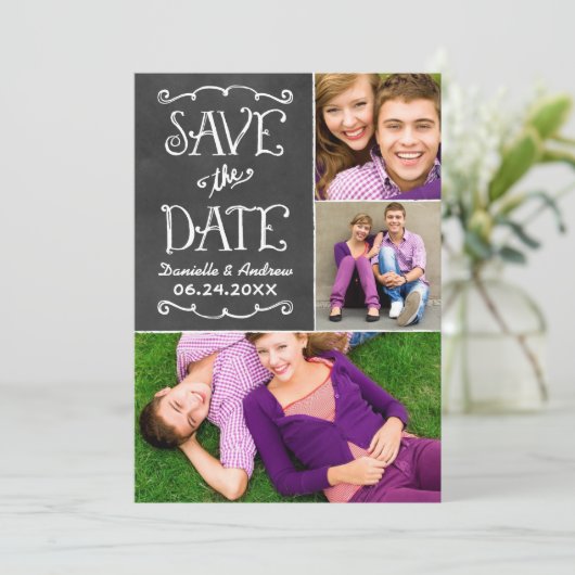 Rustisch script Chalkboard Wedding Black Save The Date (Staand voorkant)