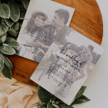 Rustisch script | Faded foto's voor en achter brui Kaart<br><div class="desc">Dit rustige script is een fabelachtige uitnodiging voor foto's voor en achter bruiloft perfect voor een landbruiloft. Het eenvoudige en moderne zwarte en witte ontwerp biedt unieke, witte, handgeschreven kalligrafie met een moderne, minimalistische stijl. Pas het aan met 2 verloving foto's, één aan de voorkant en één aan de achterkant....</div>