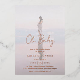 Rustisch script Foto Oh Baby shower Roos Gold Folie Uitnodiging