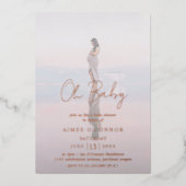 Rustisch script Foto Oh Baby shower Roos Gold Folie Uitnodiging (Voorkant)
