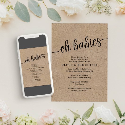 Rustisch Script Kraft Oh baby's Twins Baby shower Kaart