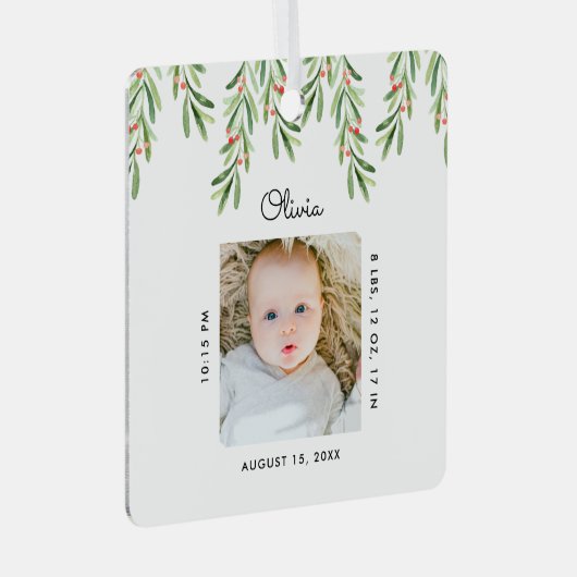Rustisch script Mistletoe Foto Baby eerste kerstmi Metalen Ornament (Voorkant Rechts)