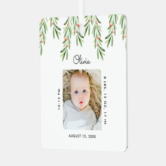 Rustisch script Mistletoe Foto Baby eerste kerstmi Metalen Ornament (Voorkant links)