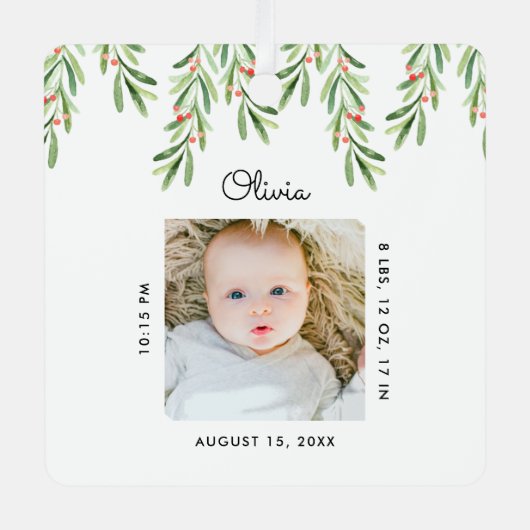 Rustisch script Mistletoe Foto Baby eerste kerstmi Metalen Ornament (Voorkant)
