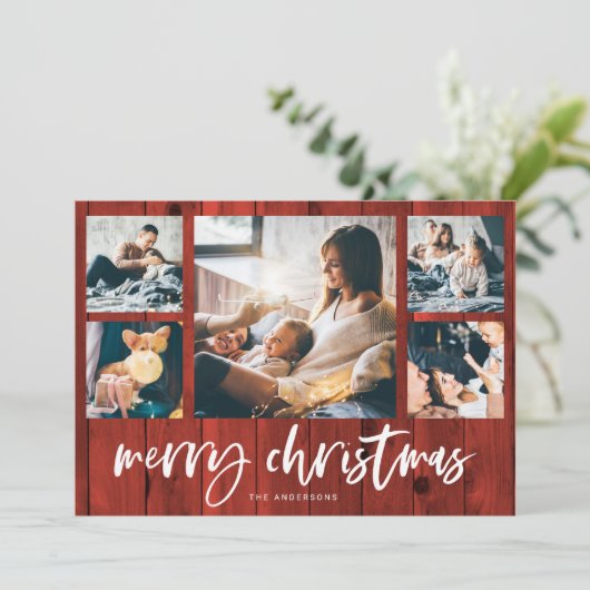 Rustisch script multi-fotoraster | Vrolijk kerstfe Feestdagenkaart (Staand voorkant)