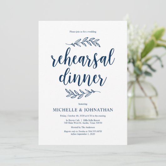 Rustisch script, Navy Blue, Wedding Rehearsal Dinn Kaart (Staand voorkant)