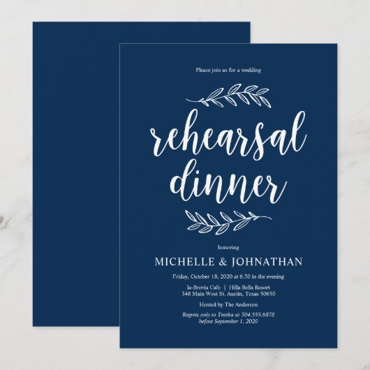 Rustisch script, Navy Blue, Wedding Rehearsal Dinn Kaart (Voorkant / Achterkant)
