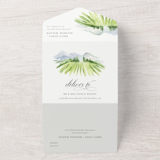 Rustisch Script Winery Vineyard Mountain Wedding All In One Uitnodiging (Buitenkant)