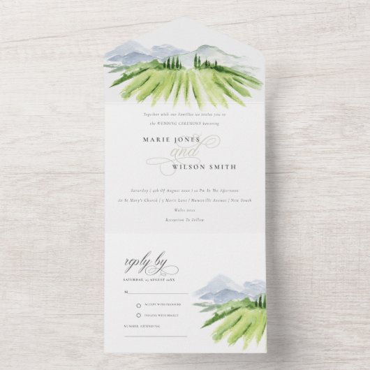 Rustisch Script Winery Vineyard Mountain Wedding All In One Uitnodiging (Binnen)