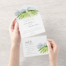 Rustisch Script Winery Vineyard Mountain Wedding All In One Uitnodiging