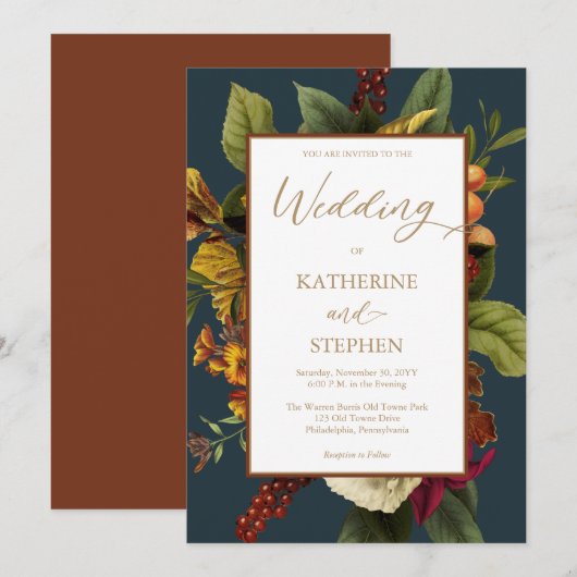 Rustisch Sinaasappel | Blauwgroen huwelijk rode Fl Kaart (Voorkant / Achterkant)