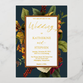 Rustisch Sinaasappel | Blauwgroen rode Floral Bouq Folie Uitnodiging