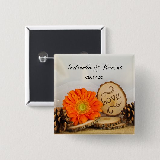 Rustisch Sinaasappel Daisy Woodland Wedding Vierkante Button 5,1 Cm (Voorkant /achterkant)