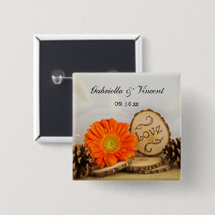 Rustisch Sinaasappel Daisy Woodland Wedding Vierkante Button 5,1 Cm