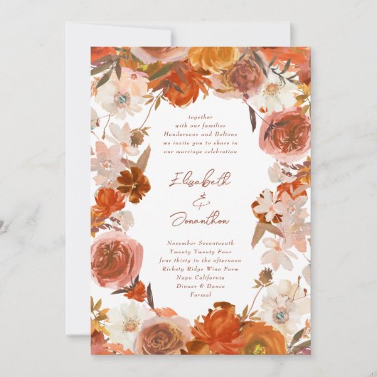Rustisch Sinaasappel Floral Boho Lijst Bouquet Wed Kaart (Voorkant)