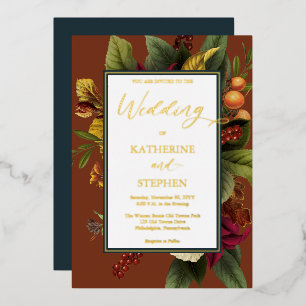 Rustisch Sinaasappel Floral Bouquet Blauwgroen huw Folie Uitnodiging