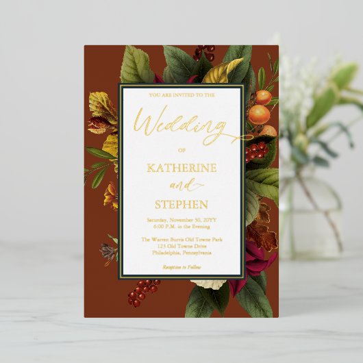 Rustisch Sinaasappel Floral Bouquet Blauwgroen huw Folie Uitnodiging (Staand Voorkant)