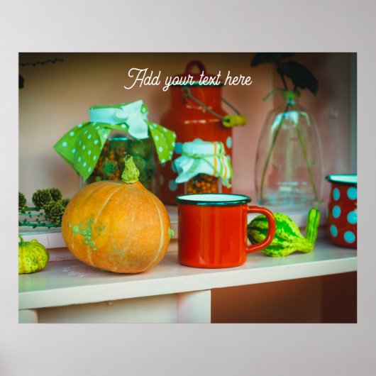 Rustisch stilleven met pompoen en een rode Mok Poster (Voorkant)