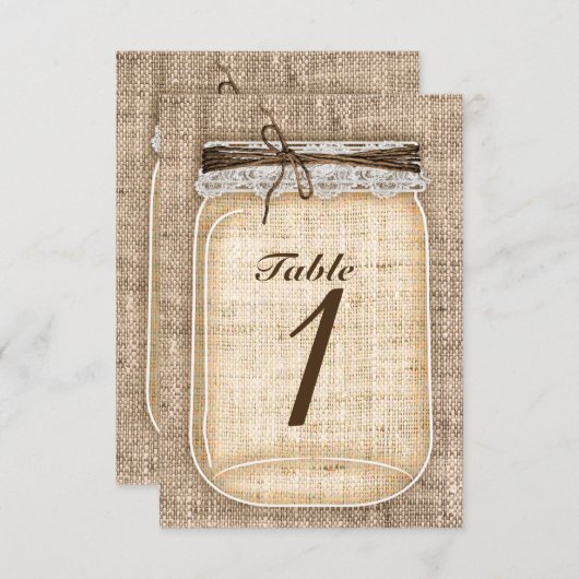 Rustisch tabelnummer grote Mason Jar & Burlap Kaart (Voorkant / Achterkant)