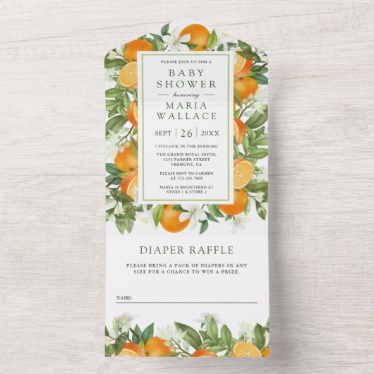 Rustisch Tangerine Citrus Oranje Baby shower All In One Uitnodiging (Binnen)