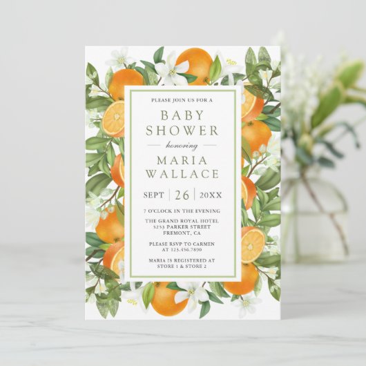 Rustisch Tangerine Citrus Oranje Baby shower Kaart (Staand voorkant)