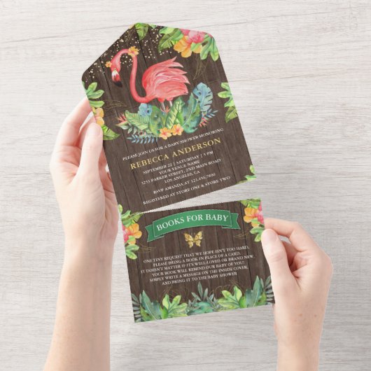 Rustisch Tropisch Cute Flamingo Baby shower All In One Uitnodiging (Afscheurbaar)