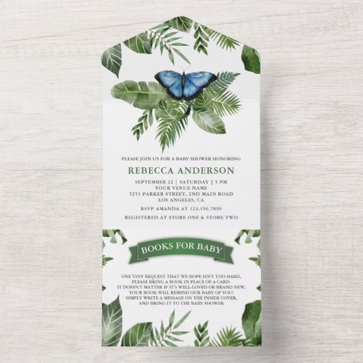 Rustisch tropisch Oerwoud blauw vlinderBaby shower All In One Uitnodiging (Binnen)