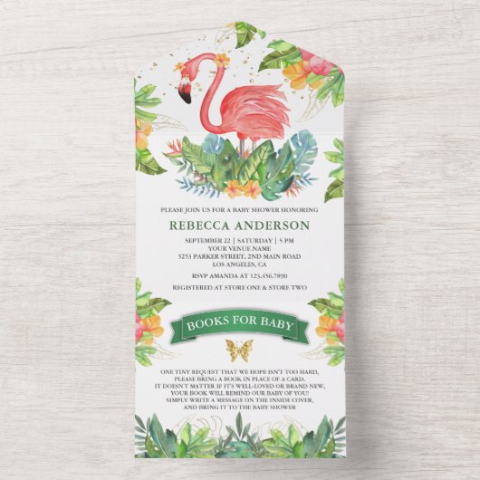 Rustisch Tropisch Oerwoud Cute Flamingo Baby showe All In One Uitnodiging (Binnen)