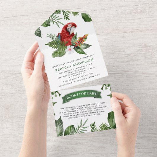 Rustisch tropisch Oerwoud Cute Macaw Baby shower All In One Uitnodiging (Afscheurbaar)