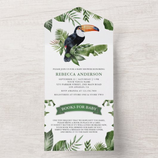 Rustisch tropisch Oerwoud Cute Toucan-Baby shower All In One Uitnodiging (Binnen)