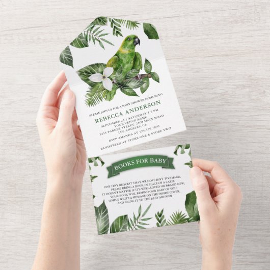 Rustisch Tropisch Oerwoud Groen Baby shower All In One Uitnodiging (Afscheurbaar)