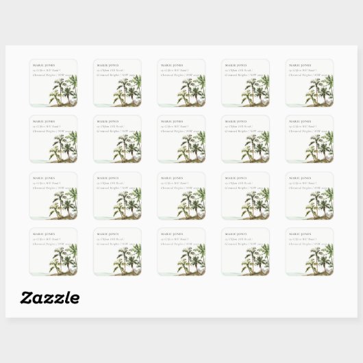 Rustisch Tropisch palmboomstrand Adres Vierkante Sticker (Vel)