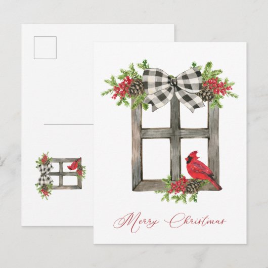 Rustisch venster met rode kardinaal, Bow, Greenery Briefkaart (Voorkant / Achterkant)