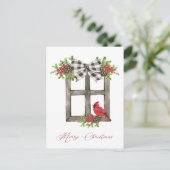 Rustisch venster met rode kardinaal, Bow, Greenery Briefkaart (Staand voorkant)