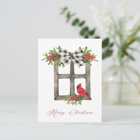 Rustisch venster met rode kardinaal, Bow, Greenery Briefkaart (Staand voorkant)