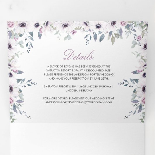 Rustisch Violet en roze Waterverf Rozen bruiloft Drieluik Uitnodiging (Binnenzijde eerst)