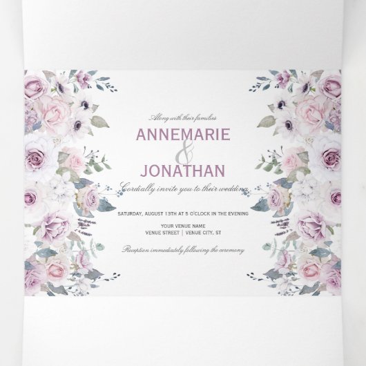 Rustisch Violet en roze Waterverf Rozen bruiloft Drieluik Uitnodiging (Binnenkant midden)