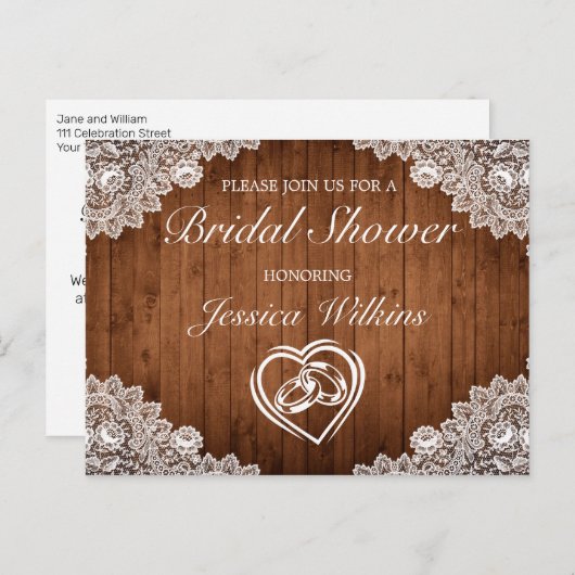 Rustisch Vrijgezellenfeest met hout en witte kant Aankondigingskaart (Voorkant / Achterkant)