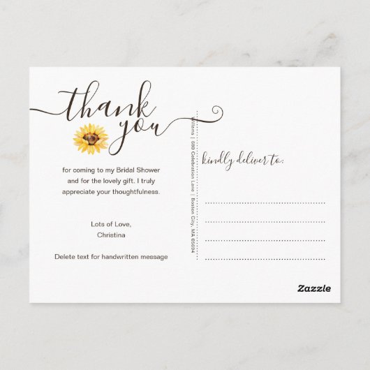 Rustisch Vrijgezellenfeest Zonnebloem Dank u Briefkaart (Achterkant)