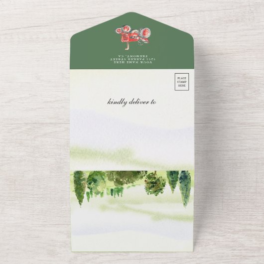 Rustisch Waterverf Baby shower van het Roodbarbere All In One Uitnodiging (Buitenkant)