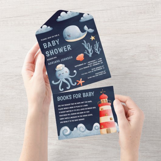 Rustisch Waterverf Nautical Navy Blue Baby shower All In One Uitnodiging (Afscheurbaar)