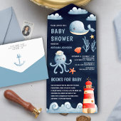 Rustisch Waterverf Nautical Navy Blue Baby shower All In One Uitnodiging