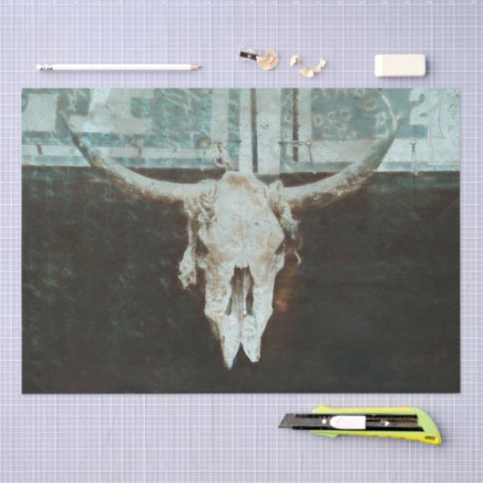 Rustisch Western Bull Skull Blauwgroen Script Tissuepapier (Craft)
