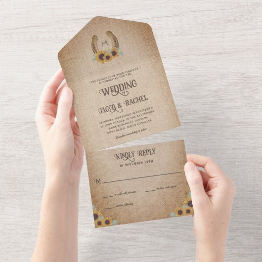 Rustisch Western Hoefijzer en zonnebloemen All In One Uitnodiging (Afscheurbaar)