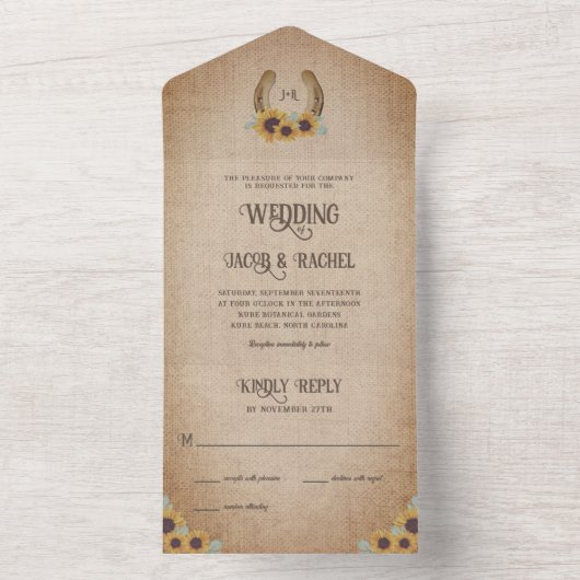 Rustisch Western Hoefijzer en zonnebloemen All In One Uitnodiging (Binnen)