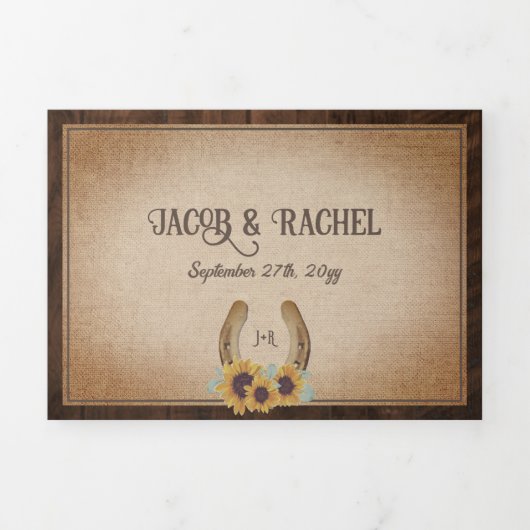 Rustisch Western Hoefijzer en zonnebloemen Drieluik Uitnodiging (Cover)