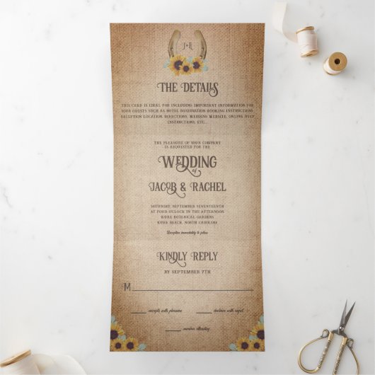 Rustisch Western Hoefijzer en zonnebloemen Drieluik Uitnodiging (Binnen)