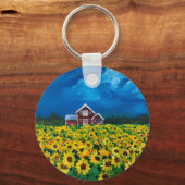 rustisch western land - zonnebloemveld rode schuur sleutelhanger (Voorkant)