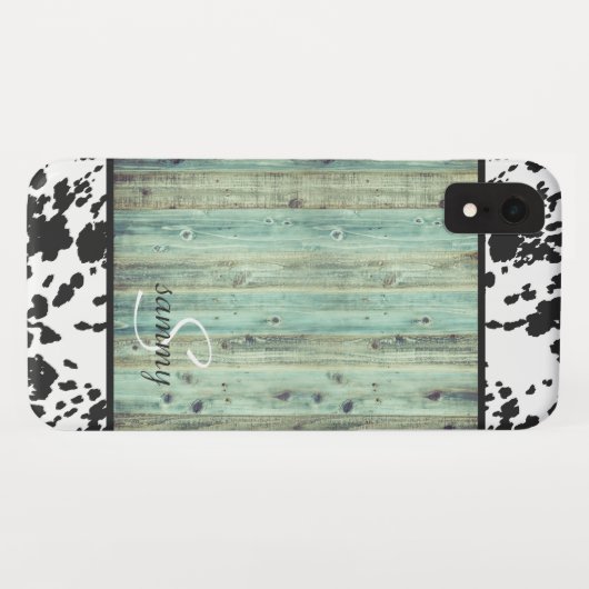 Rustisch Western Turquoise Wood Koeienhuid Monogra Case-Mate iPhone Case (Achterkant (horizontaal))